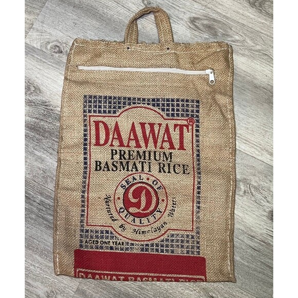 Burlap Hand Bag Daawat Basmati Rice Zipper Closure Gunny Sack‎ Tote - Picture 1 of 2